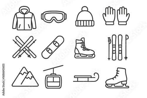 Winter sports outline icon set, essential outdoor gear symbols, sleek minimalist style, vector cartoon illustration collection with transparent background, ordered set of winter activity icons