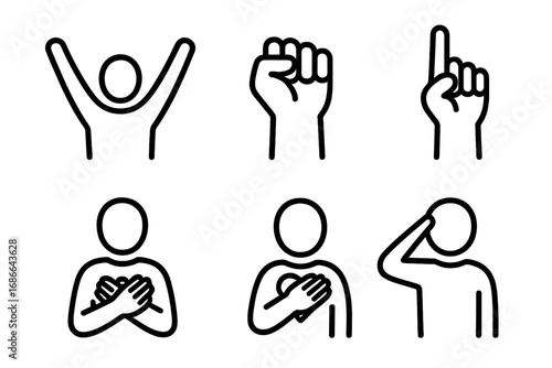 Victory gesture icons outline, raised arms celebration, clenched fist power, hands on heart respect, pointing skywards motivation, salute honor, success symbols vector set