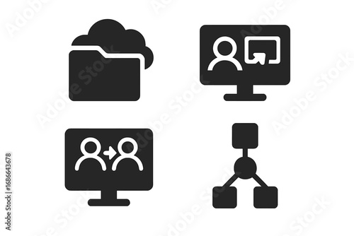 Virtual workspace icons solid filled set including cloud folder, remote desktop, shared screen, digital collaboration, workflow app vector cartoon illustration