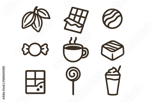 Chocolate and candy icon set. Simple line art collection of confectionery symbols. Vector illustration of cocoa beans, chocolate bar, praline, bonbon, hot drink, and sweets.