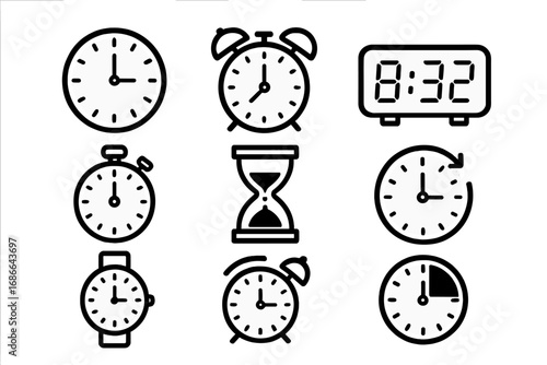 Clock and time icon set. Vector collection of various timekeeping symbols like alarm, stopwatch, hourglass, and watch. Minimalist line art for deadline or schedule concepts.