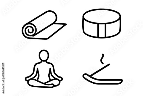 Yoga retreat icons outline set with yoga mat, meditation cushion, lotus pose silhouette, incense stick, spiritual wellness elements, calming mindfulness vector illustrations
