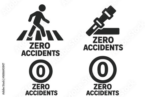 Zero accidents icons set with pedestrian crosswalk, seatbelt safety, and speed limit symbols. Solid filled vector illustration for transport safety and traffic awareness concepts