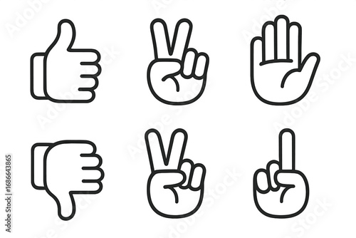 Hand gesture outline icon set. Thumbs up, thumbs down, peace sign, stop palm, pointing finger. Like, dislike, victory, ok, communication symbols. Vector line art icons.
