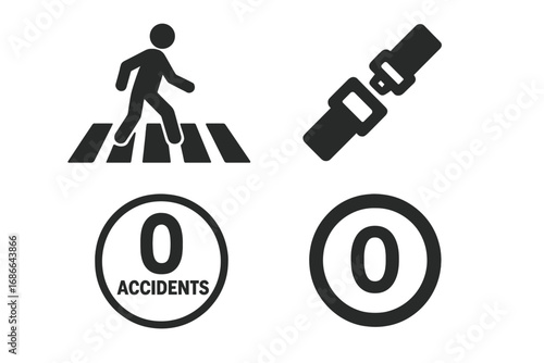 Zero Accidents Icons Set, Filled Solid Vector of Pedestrian Crosswalk, Seatbelt Safety, Speed Limit Signs, Transport Safety Symbols, Flat Cartoon Illustration