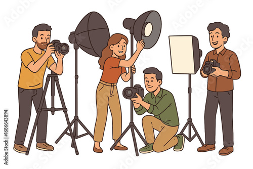 Photographers team working in a photo studio with professional equipment. Creative people at work on a photoshoot. Man and woman with camera. Vector cartoon illustration.