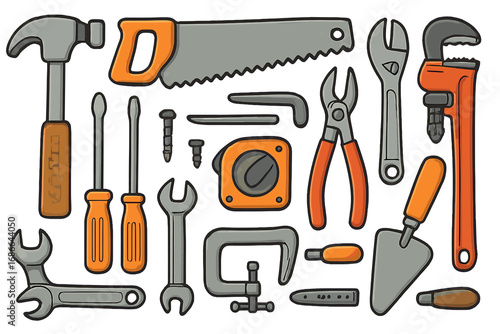 Various hand tools arranged neatly on white background, perfect for construction, repair, and DIY projects, vector cartoon illustration with transparent background, organized tool kit