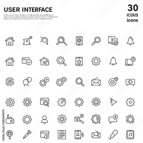 A cohesive collection of thirty crisp 2D flat vector user interface icons, such as home, search, and settings, presented in a clean, minimal outline style, each isolated on a bright white background