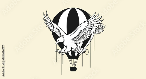 Majestic Eagle Soaring Above Vintage Hot Air Balloon Illustration.