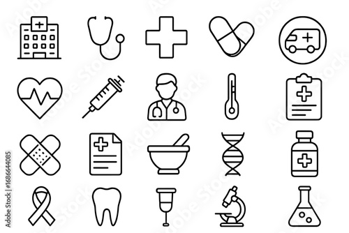 Healthcare medical line icon set. Medicine and hospital outline icons. Clinic, pharmacy, laboratory symbols. Doctor, ambulance, dna, heart, and dental signs. Vector illustration.