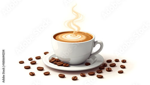 Steaming Cup of Coffee with Beans on White Background
