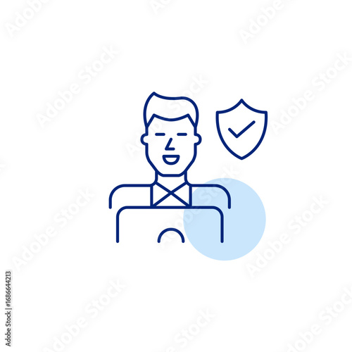 Man working at laptop, shield and checkmark. Cybersecurity assurance, safe data handling, authenticated login, compliant digital use. Pixel perfect, editable stroke vector icon