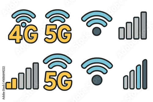 Mobile network icons set with 4G, 5G, wireless signals, and cellular bars. Vector cartoon illustration of mobile connectivity, internet signals, wireless technology, data networks, and telecom symbols