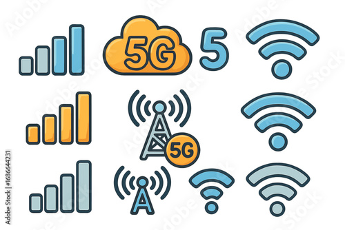 Mobile network icons set with 4G, 5G, wireless signal bars, and connectivity symbols in flat cartoon vector design for communication and technology concepts