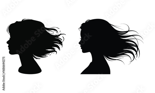 Minimalist illustration of two black silhouette profiles with flowing hair, symbolizing motion, contrast, and artistic elegance