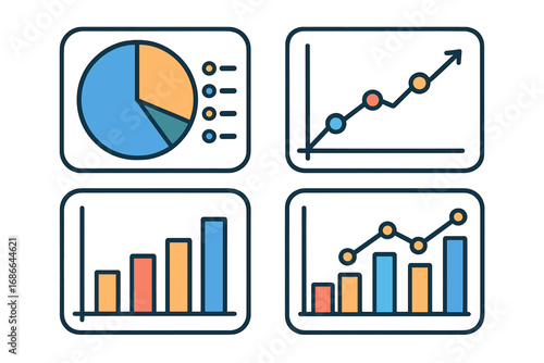 Visual representation of diverse data metrics with colorful pie charts, line graphs, and bar charts showcasing analytical trends, comparisons, and growth insights, vector cartoon illustration