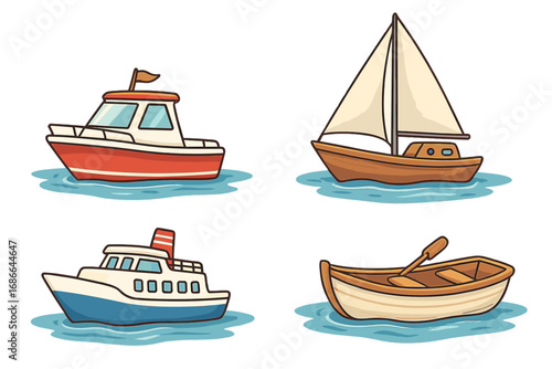 Various types of boats sailing on calm water at daylight, vector cartoon illustration, transparent background, ordered set of different boats and sailing vessels