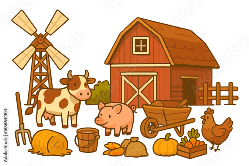 Rustic Farm Life with Windmill, Barnyard Animals, Agricultural Tools, Livestock, Vegetables, Hay Bale, and Chicken - Colorful Vector Cartoon Illustration Set