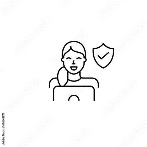 Woman working at laptop, shield and checkmark. Cybersecurity assurance, safe data handling, authenticated login, compliant digital use. Pixel perfect, editable stroke vector icon