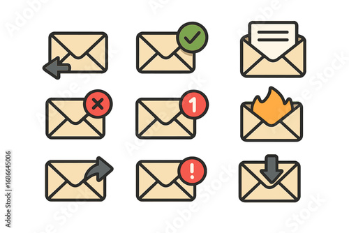Various envelope icons showing email actions and functions in flat style, including send, receive, alert, delete, and read status, simple vector cartoon illustration set with transparent background