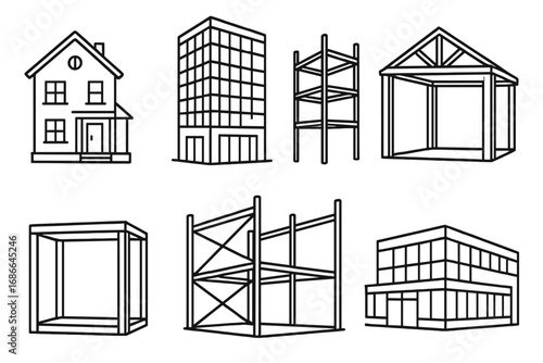 Building construction process icon set. Vector outline illustrations of house and office building frames. Architecture, real estate development, and urban design concepts.