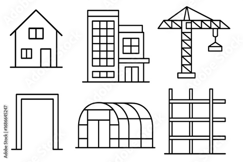 Set of building and construction line icons. Vector illustrations of house, office, crane, and structural frames. Concepts for architecture, real estate, and urban design.