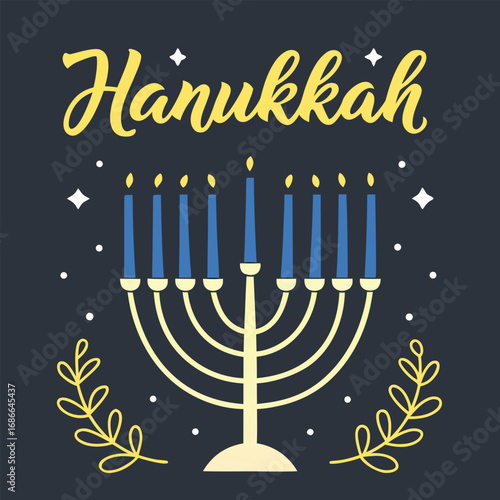 Hanukkah Menorah with Lit Candles and Festive Lettering