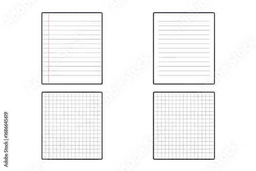 Set of blank paper sheets. Lined and grid paper templates for notebook or notepad. Vector illustration of A4 school writing paper with lines and margin. Isolated mockup pages.