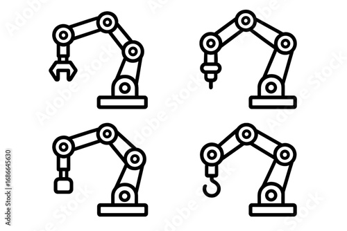 Set of Industrial Robotic Arm Icons for Technology, Automation, Factory, Manufacturing, and Engineering Applications, Vector Cartoon Illustration with Transparent Background