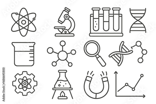 Set of line style web icons illustrating diverse scientific concepts and laboratory tools for education and digital use, vector cartoon illustration with transparent background