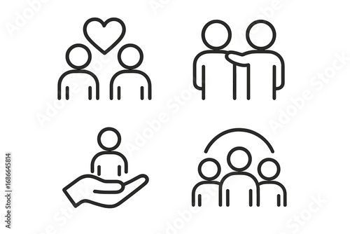 Set of minimalistic line style web icons depicting relationships, emotional support, community engagement, friendship, care, and social connections in vector cartoon style with transparent background