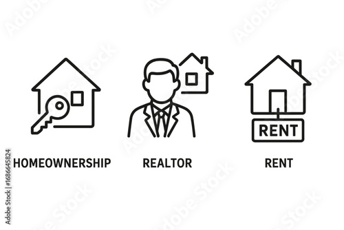 Real estate line icon set. Homeownership, realtor, and rent symbols. Property agent, house key, and for rent sign. Simple outline vector pictogram for web and mobile.
