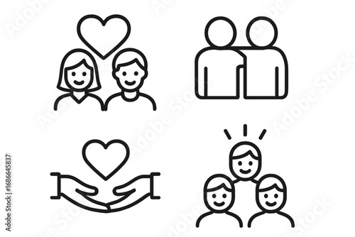 Set of modern line art icons representing relationships, emotional support, community bonding, friendship, care, and positive social interaction in vector cartoon style with transparent background