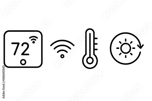 Smart Thermostat Icons Outline Set with Temperature Display, Wi-Fi Symbol, Climate Control, and Energy Management Technology Vector Illustration