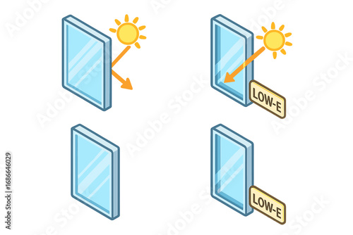 Isometric Solar Glazing Icons Set, Solar-Reflective Window Pane, Low-E Glass Sample, Energy Efficient Window Graphics, Vector Cartoon Illustration