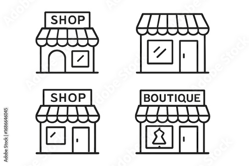 Retail shopping outline icon set. Storefront, shop, and boutique building facade linear collection. Vector illustration for e-commerce, market, and business graphics.