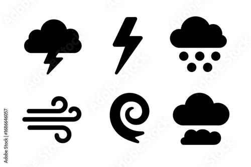 Storm weather symbols grid. Solid filled vector icons set of stormy skies thundercloud, lightning bolt, hail, strong wind, storm swirl, dark cloud. Weather forecast and natural disaster concepts.