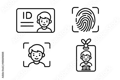 Student ID icons set with outline style, identification methods including ID card, fingerprint scan, face recognition, campus badge, vector cartoon illustration for education and security