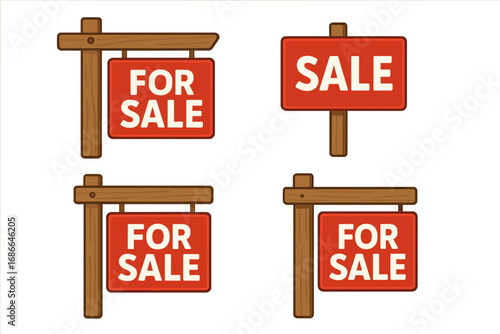 For Sale real estate sign vector collection. Set of red signs for selling property, house, or business. Wooden post signboard cartoon illustration isolated on white background.