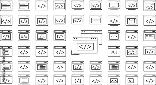 Collection of abstract website ui elements and coding symbols in sketch style vector