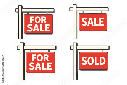 Real estate sign set. For sale, sold signs collection. Vector illustration of home, house advertising billboard. Property marketing, mortgage, and investment concept. Isolated.