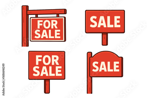 Real estate for sale sign vector set. Collection of red cartoon property signs. House sale advertisement illustration. Isolated graphic element for realtor and realty business.