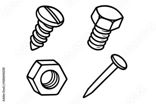 Screw, bolt, nut, and nail hardware icons set. Vector line art illustration. Metal fasteners for construction, repair, and DIY projects. Carpentry tools symbols collection.