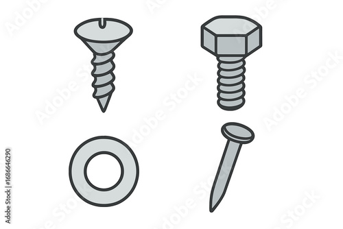 Hardware icon set with screw, bolt, washer, and nail. Metal fasteners for construction and repair. Vector illustration of industrial tools. Carpentry and DIY elements.