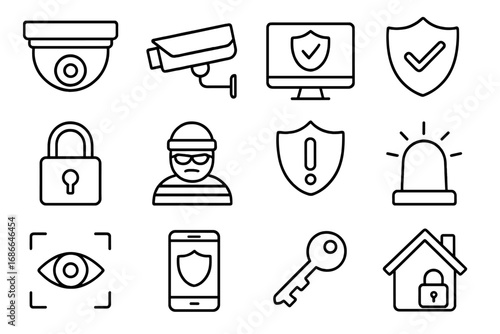 Security and surveillance line icon set. Home protection, CCTV camera, and alarm system symbols. Vector icons for safety, monitoring, theft prevention, and access control.