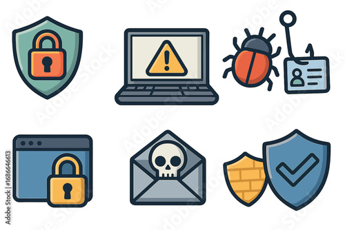 Security icons representing digital threats and cyber protection in a modern environment, vector cartoon illustration with transparent background, ordered set of cybersecurity symbols