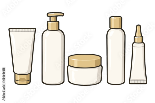 Minimalist white cosmetic containers with gold lids set on plain background, vector cartoon illustration, skincare bottles and jars collection, beauty product packaging design