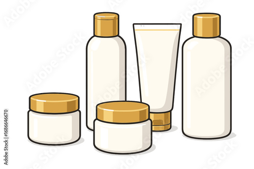Minimalist white cosmetic containers with gold lids, skincare bottles and cream jars, vector cartoon illustration, luxury beauty product packaging, transparent background