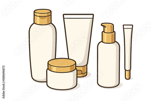 Elegant White Cosmetic Containers with Gold Lids Set, Minimalist Style Vector Illustration, Skincare Bottles and Jars for Beauty Products, Transparent Background