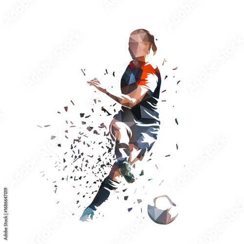Soccer, female football player kicking ball, low polygonal isolated vector illustration. Woman playing soccer, team sport athlete